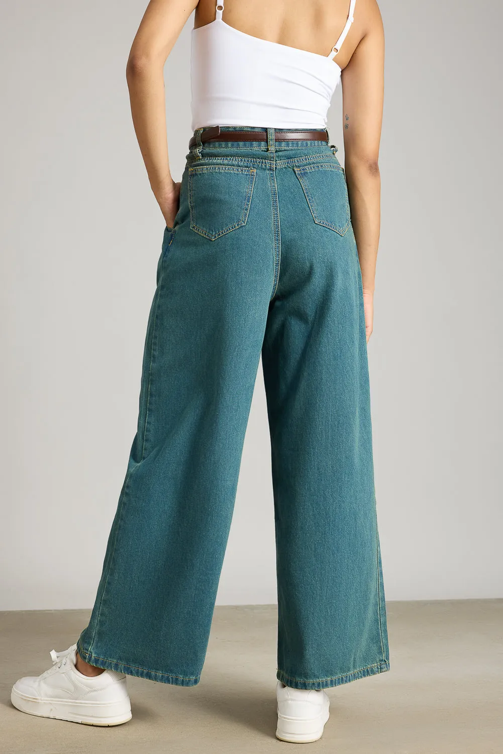 Double Belted Denim Wide Leg Jeans