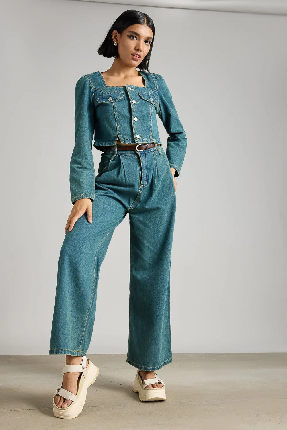 Double Belted Denim Wide Leg Jeans