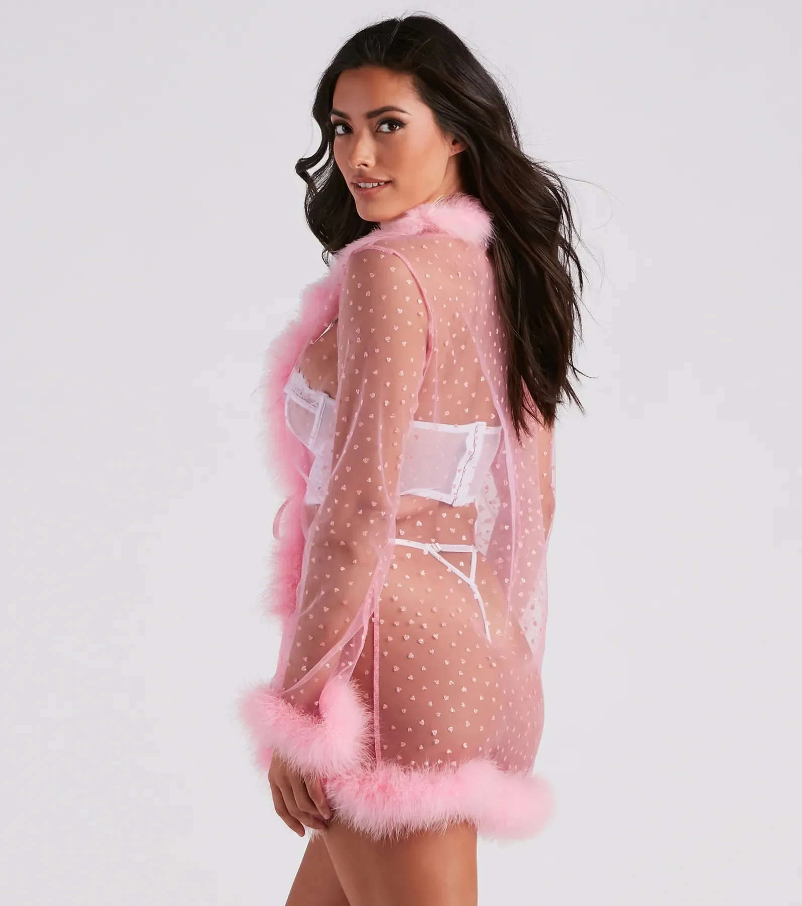 Dream Girl Glitter Heart Marabou Feather Robe