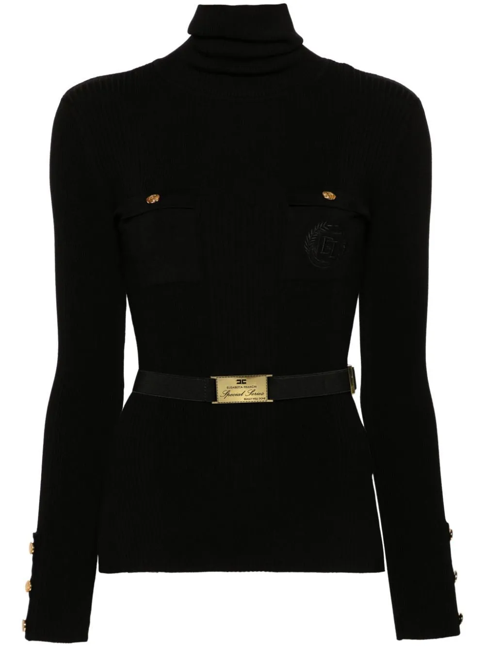 ELISABETTA FRANCHI Narrow Rib Turtleneck Top with Logo Embroidery