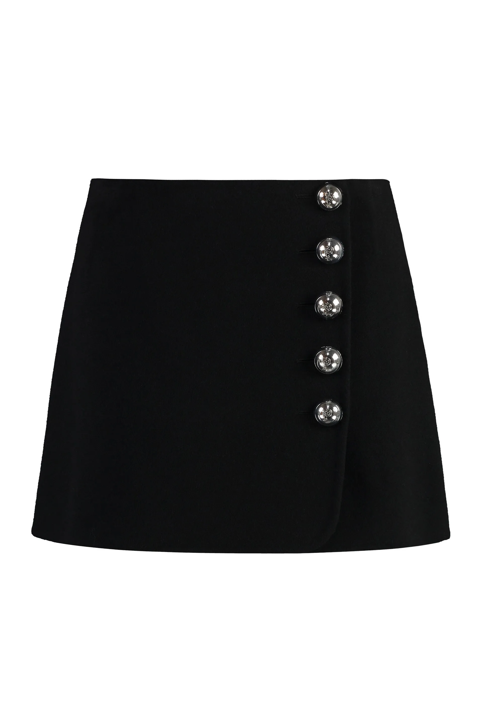 EMILIO PUCCI Black Wool Mini Skirt with Embellished Button and Wrap-Around Fastening for Women