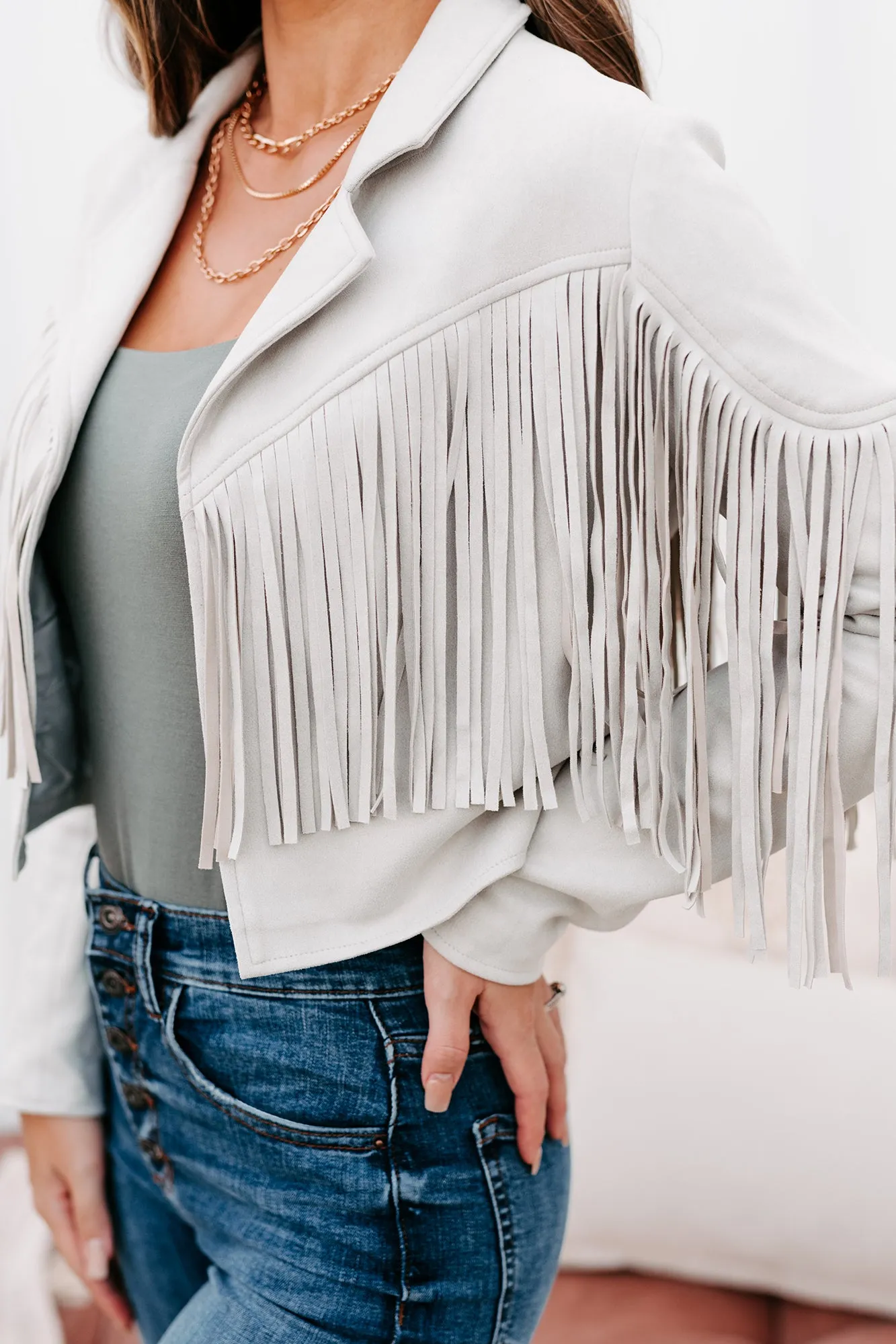 Ernest Faux Suede Fringe Moto Jacket (Light Grey)