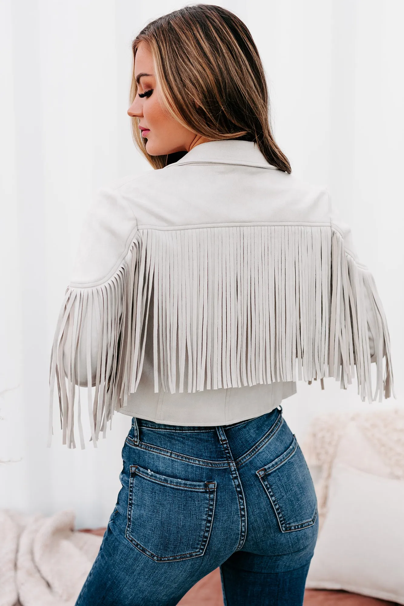 Ernest Faux Suede Fringe Moto Jacket (Light Grey)