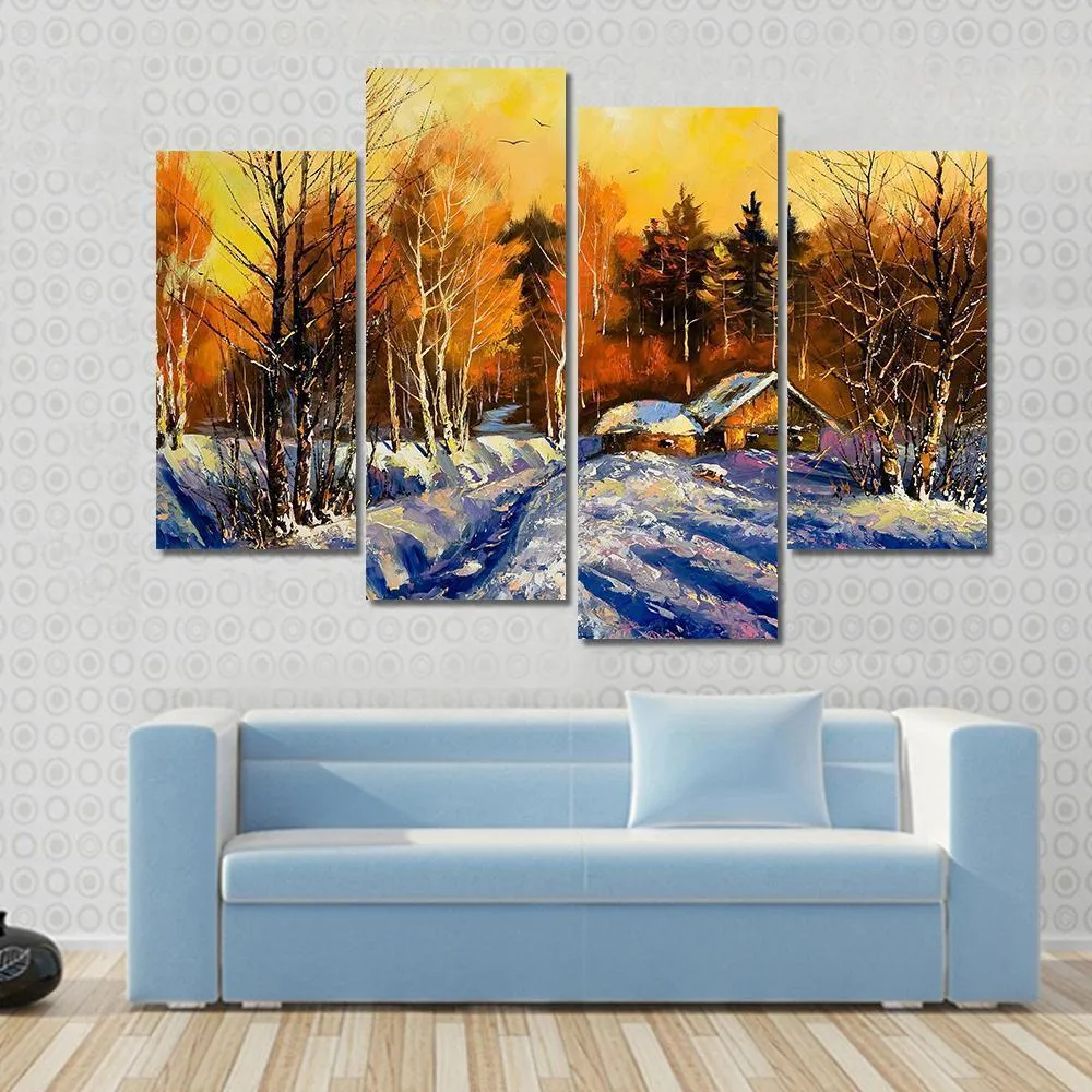 Evening In Winter Village Canvas Wall Art