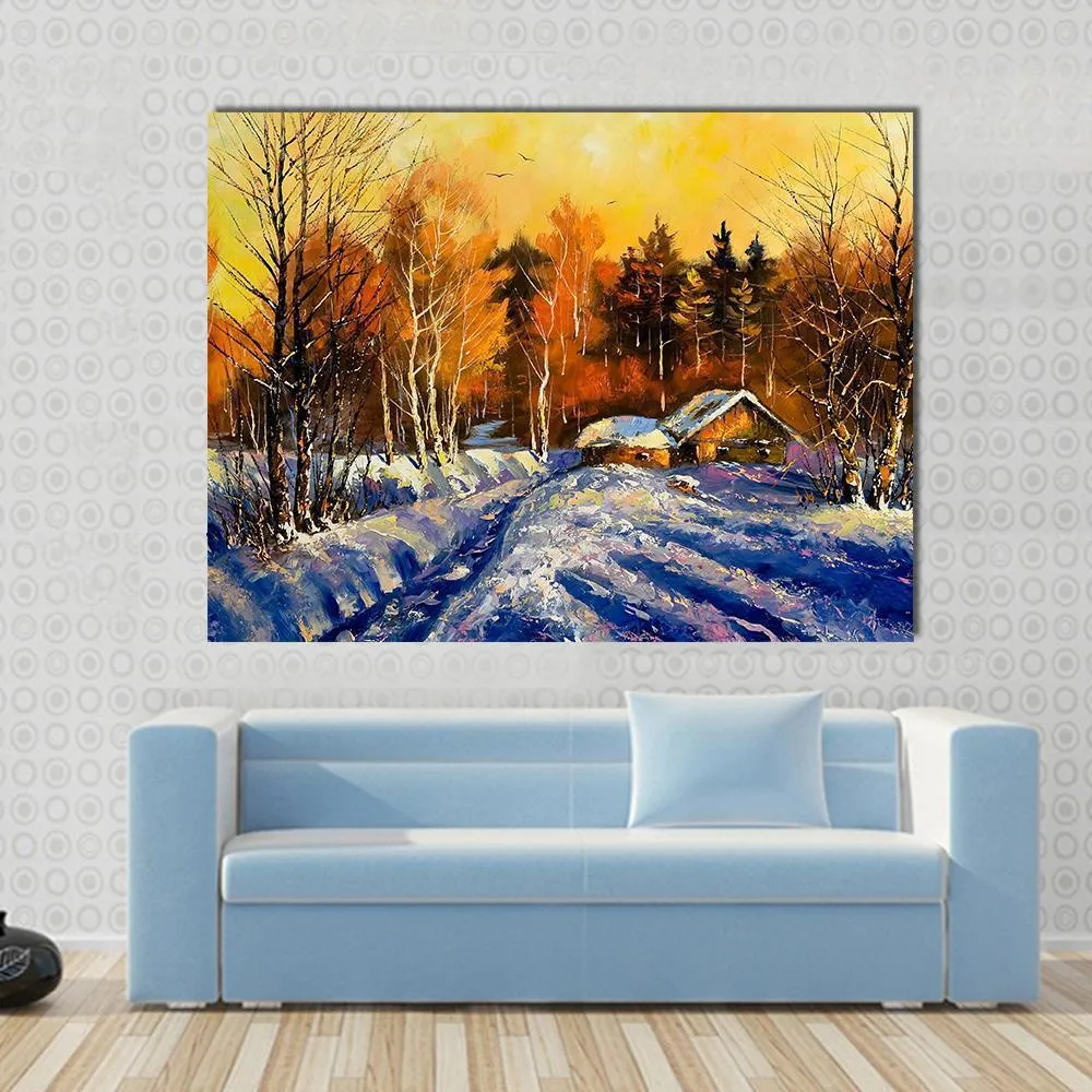 Evening In Winter Village Canvas Wall Art