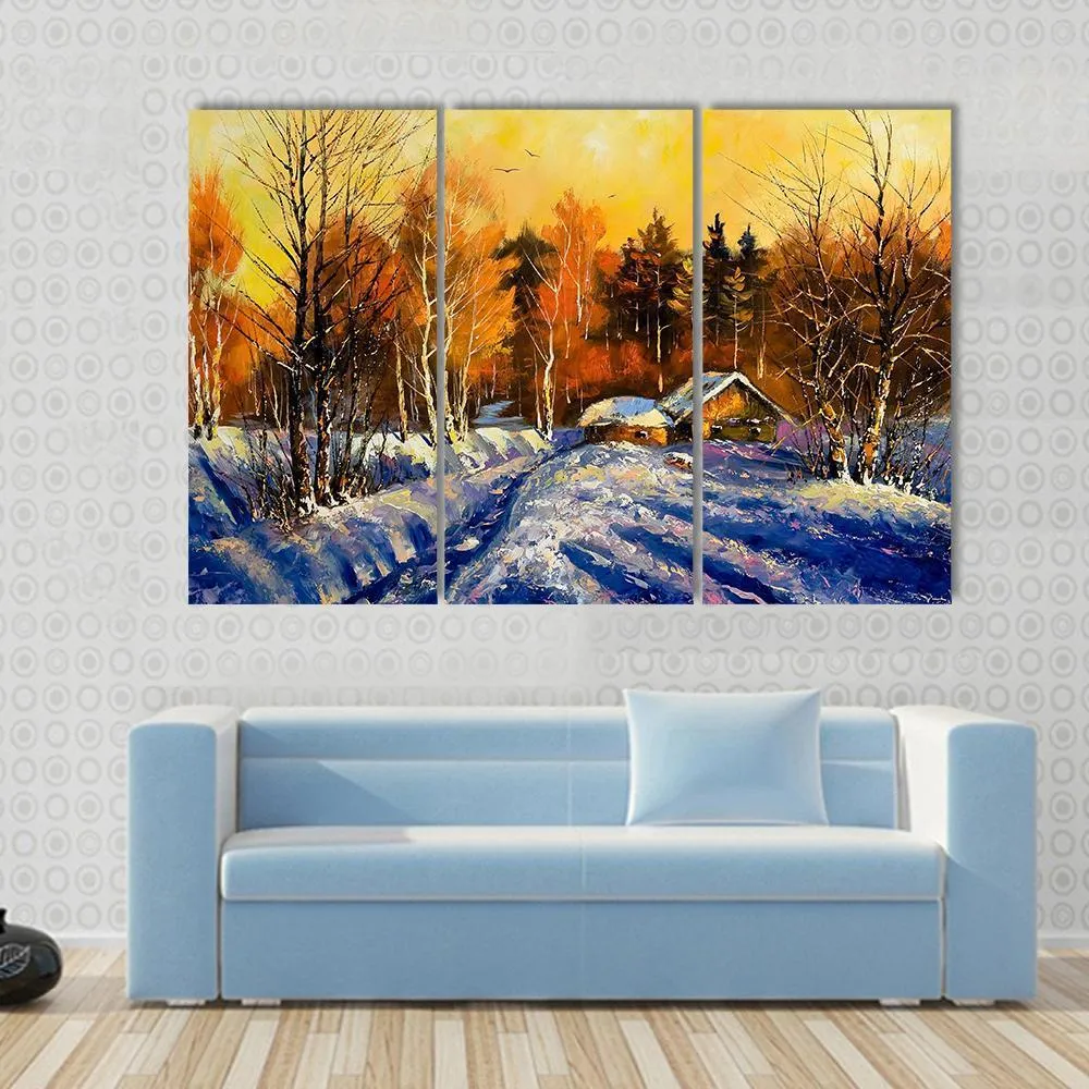 Evening In Winter Village Canvas Wall Art