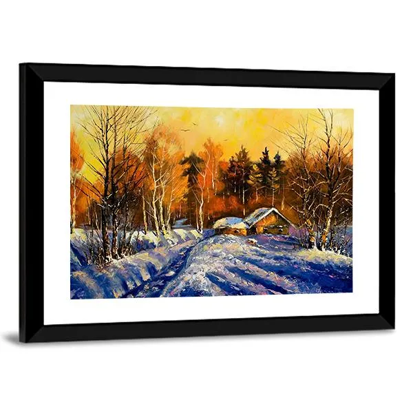 Evening In Winter Village Canvas Wall Art