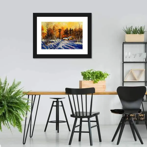 Evening In Winter Village Canvas Wall Art