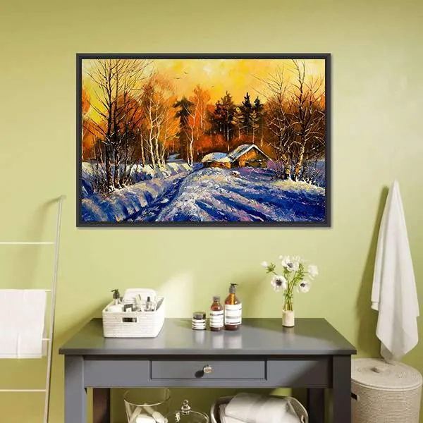 Evening In Winter Village Canvas Wall Art