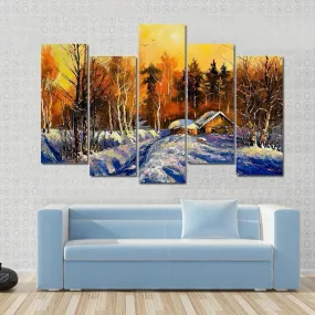 Evening In Winter Village Canvas Wall Art