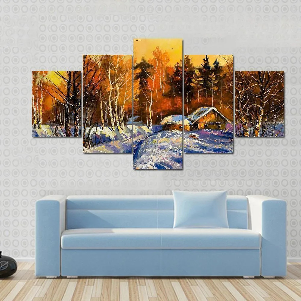 Evening In Winter Village Canvas Wall Art