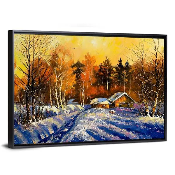 Evening In Winter Village Canvas Wall Art