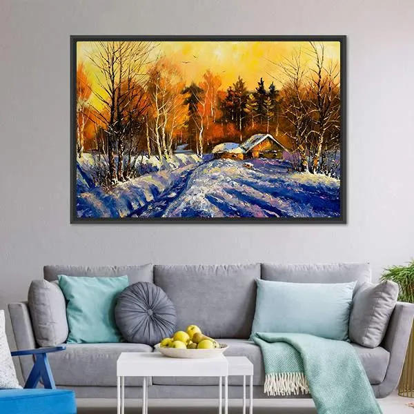 Evening In Winter Village Canvas Wall Art