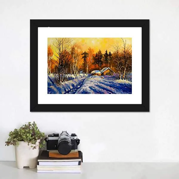 Evening In Winter Village Canvas Wall Art