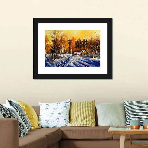 Evening In Winter Village Canvas Wall Art