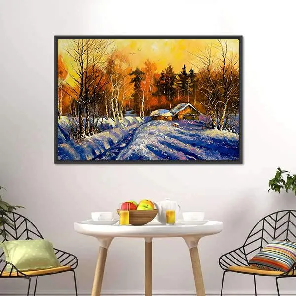 Evening In Winter Village Canvas Wall Art