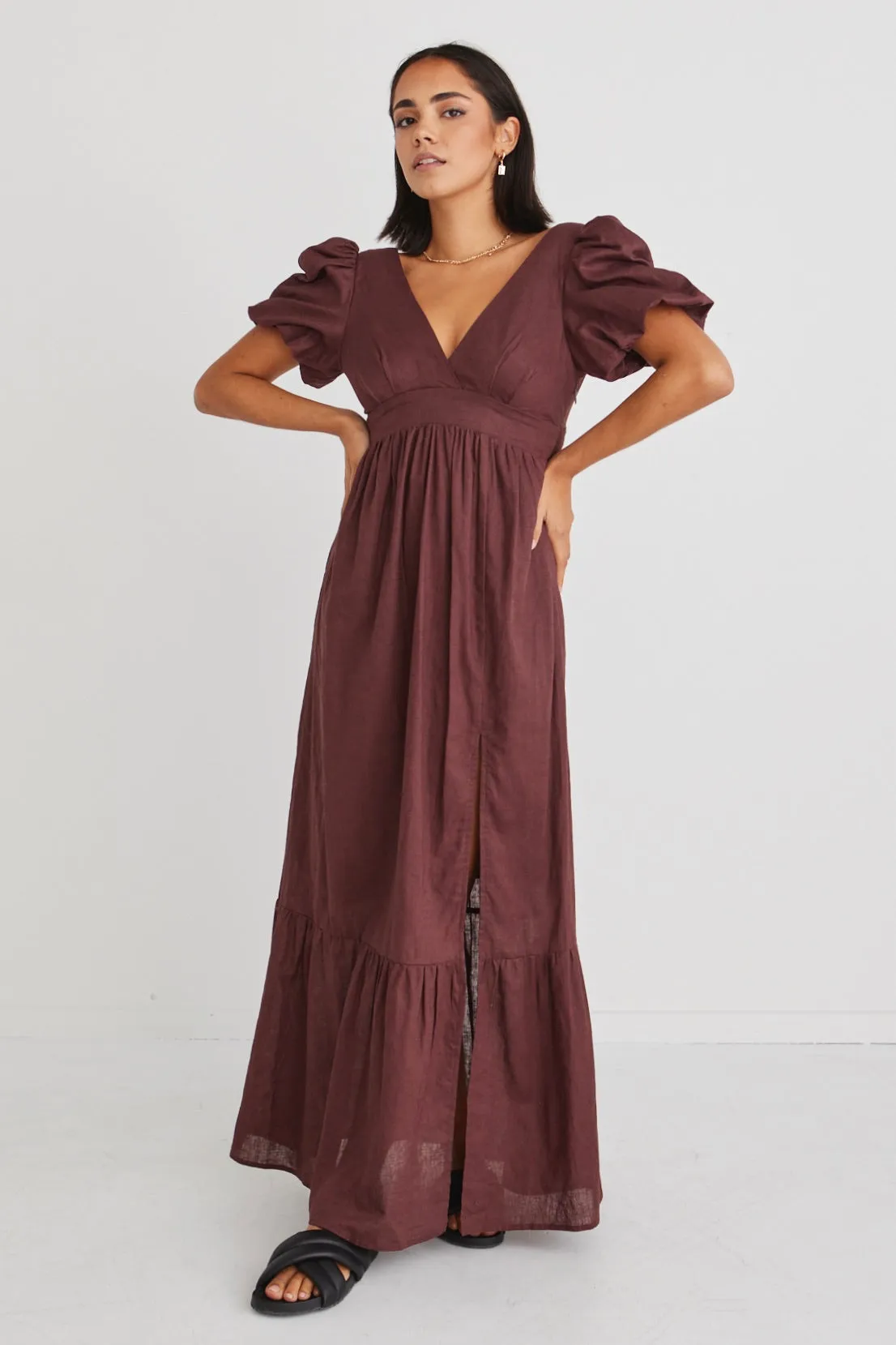 Ever After Raisin Linen Puff Sleeve Maxi Dress