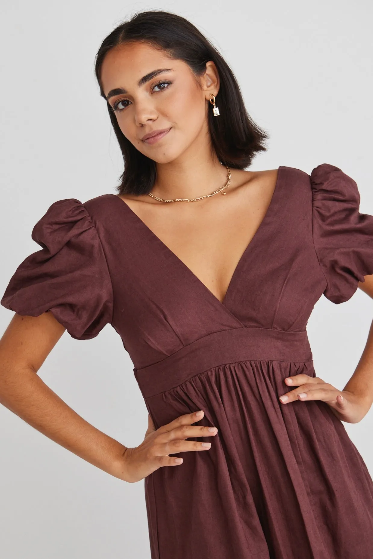 Ever After Raisin Linen Puff Sleeve Maxi Dress