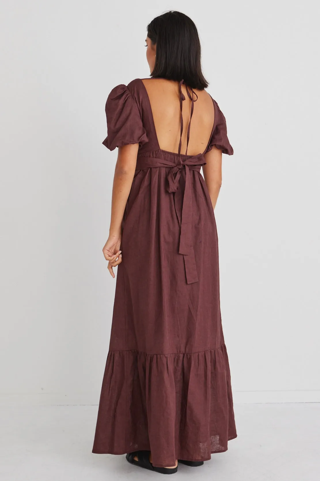 Ever After Raisin Linen Puff Sleeve Maxi Dress