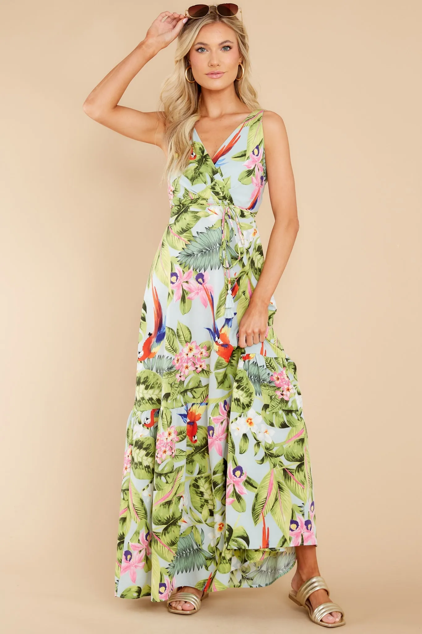 Exotic Getaway Sage Multi Tropical Print Maxi Dress