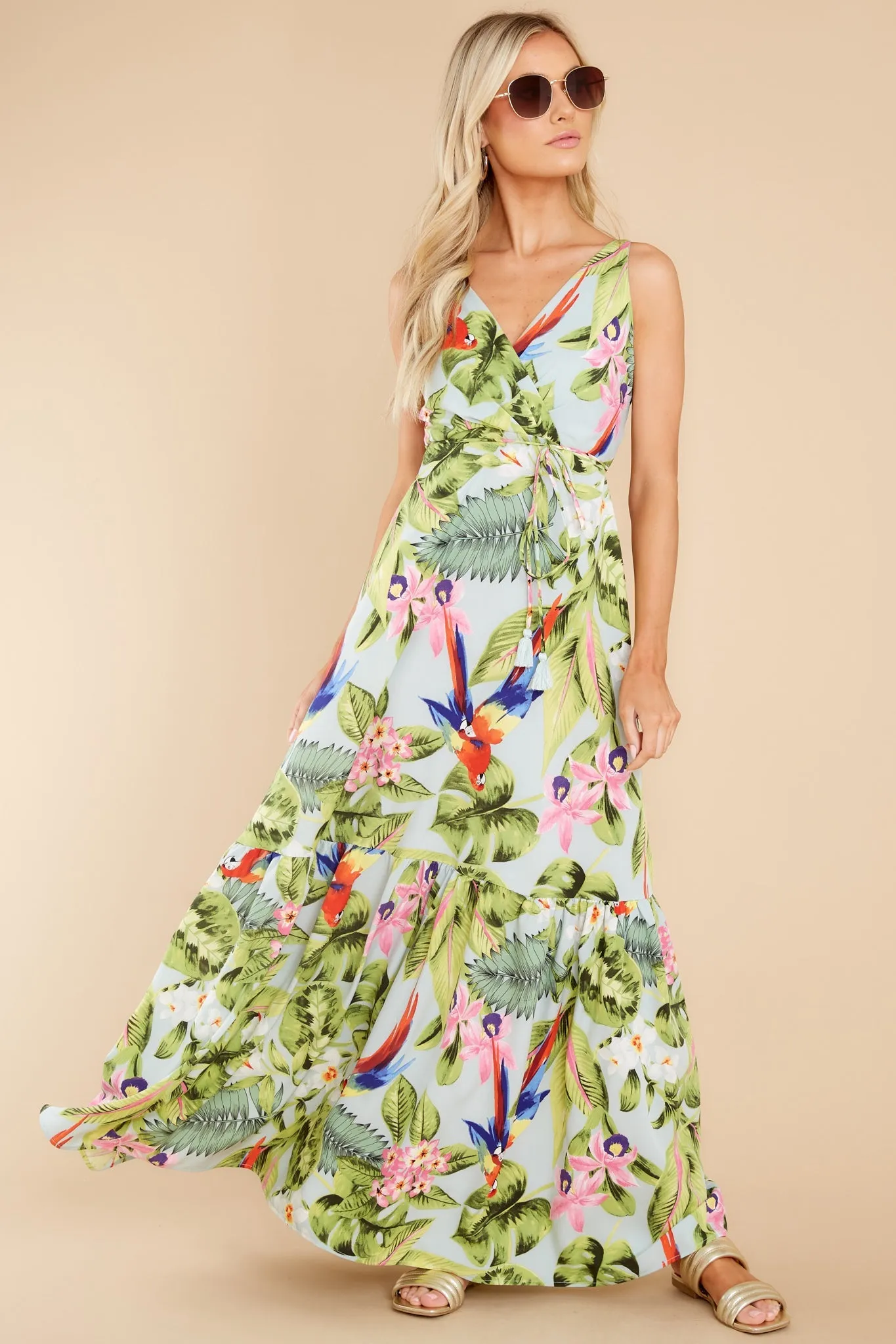 Exotic Getaway Sage Multi Tropical Print Maxi Dress