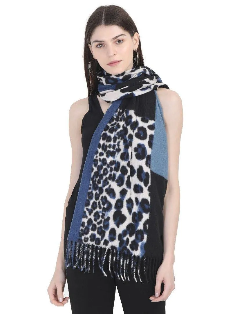 FabSeasons Blue Leopard Printed Acrylic Woolen Scarf For Women