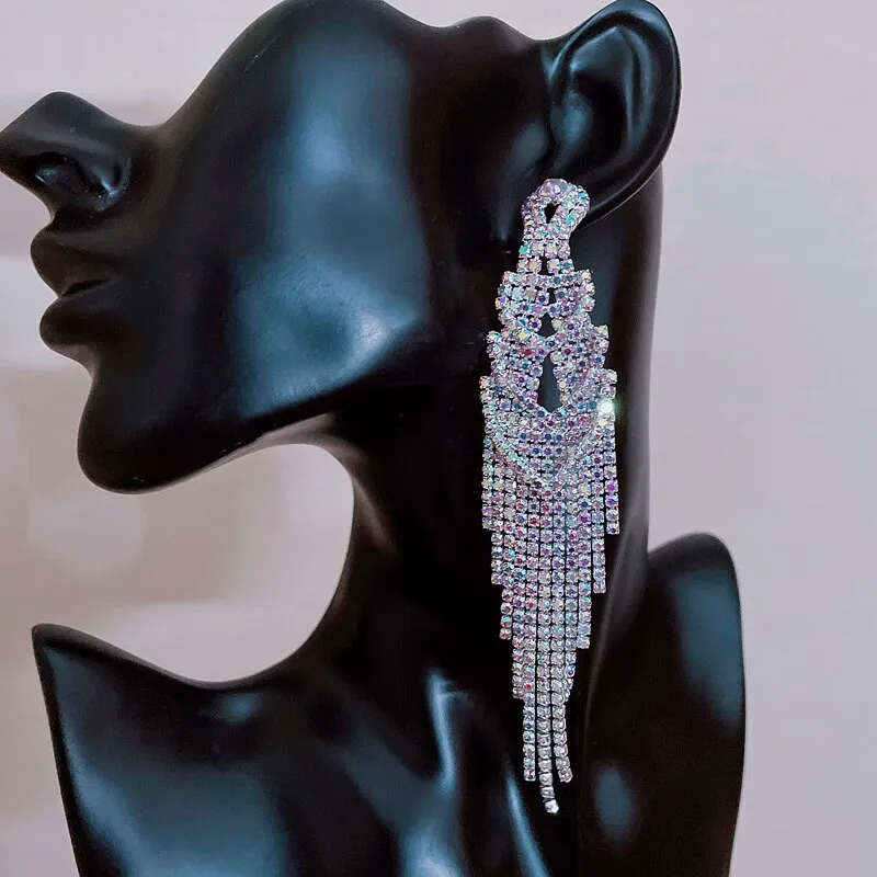 Fashion Long Tassel Rhinestone Crystal Earrings for Women Party Jewelry Accessory