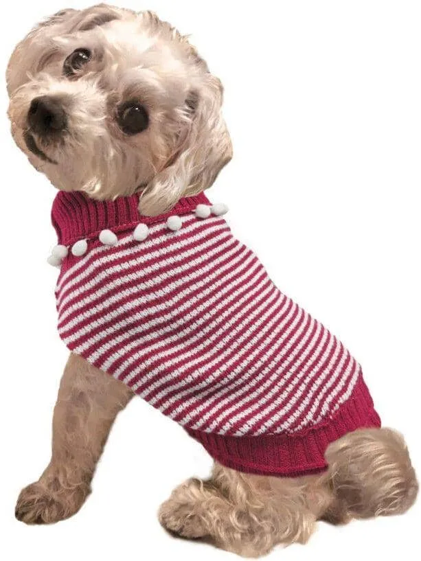 Fashion Pet Pom Pom Stripe Dog Sweater Raspberry - Medium