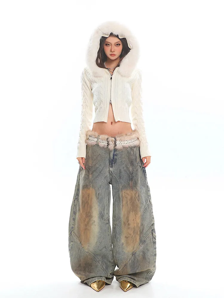 Faux Fur Hoodie Cable Knit Cropped Zip Jacket