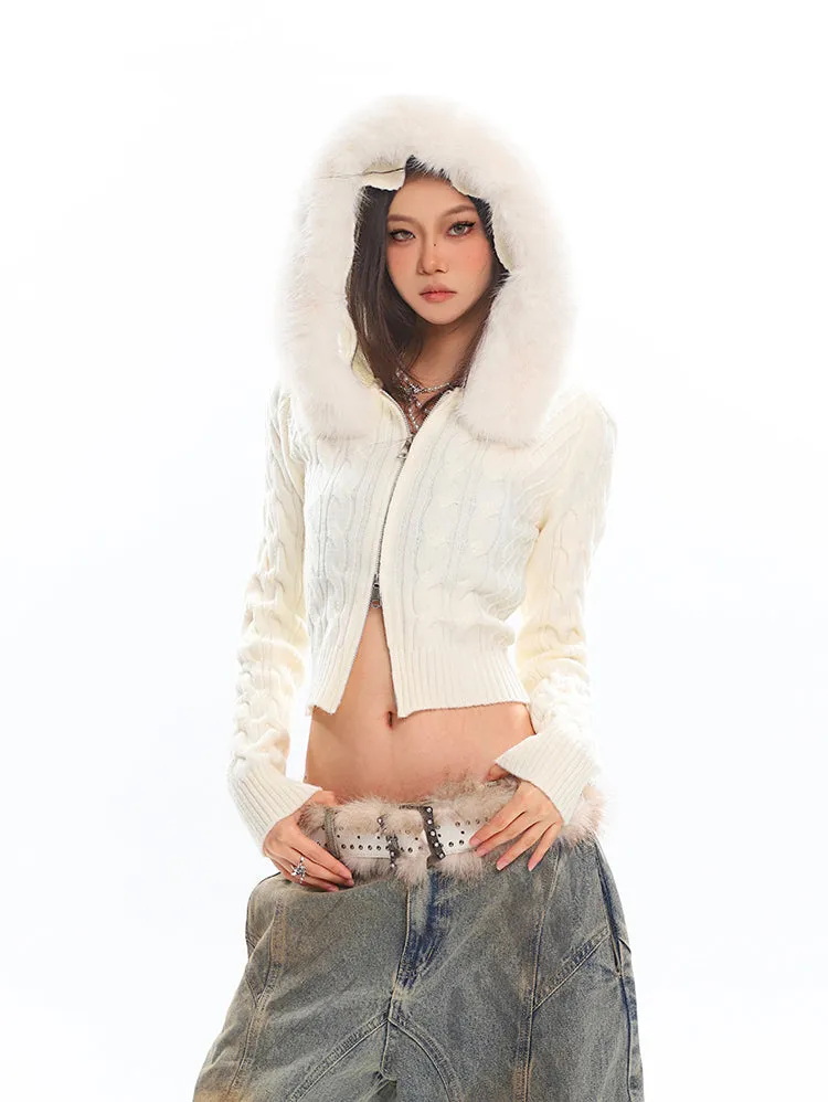 Faux Fur Hoodie Cable Knit Cropped Zip Jacket