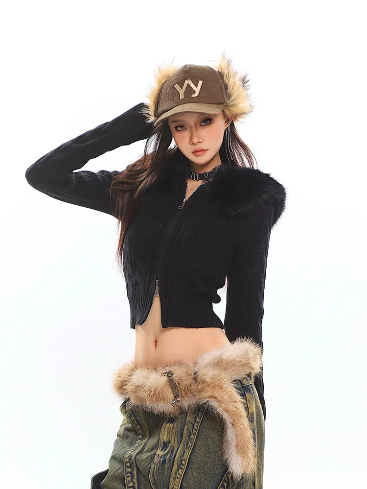 Faux Fur Hoodie Cable Knit Cropped Zip Jacket