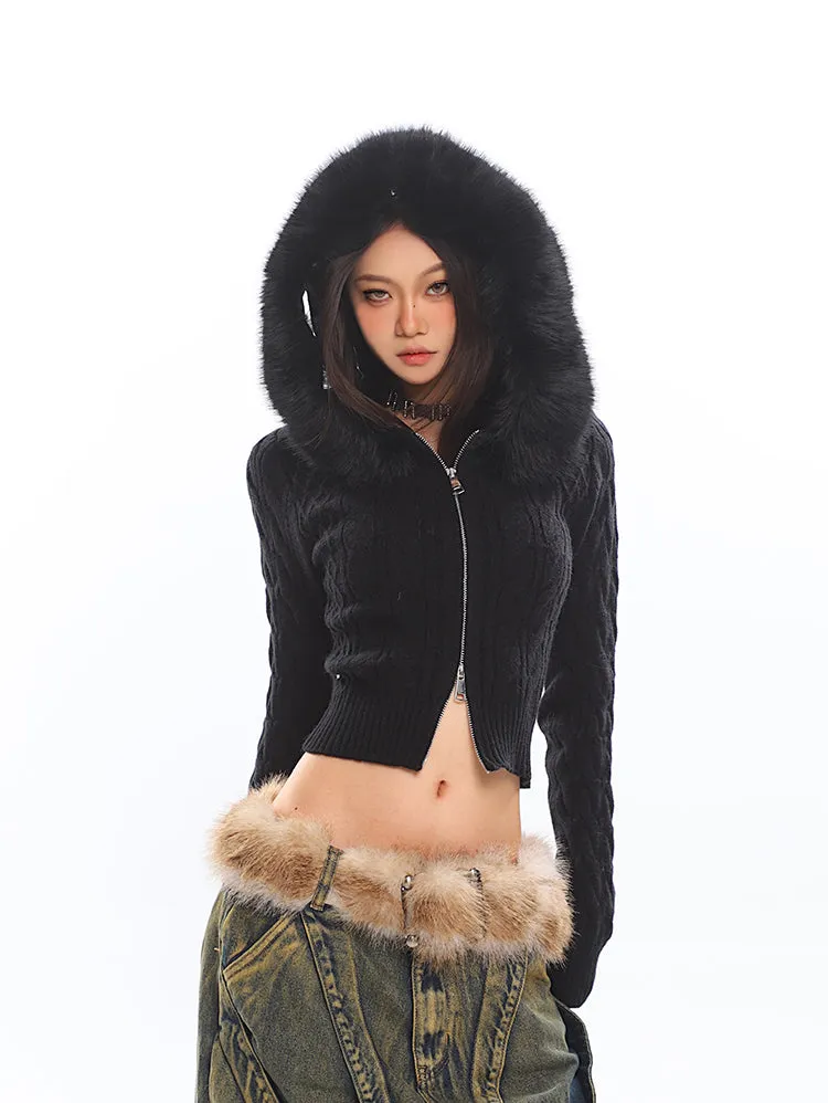 Faux Fur Hoodie Cable Knit Cropped Zip Jacket