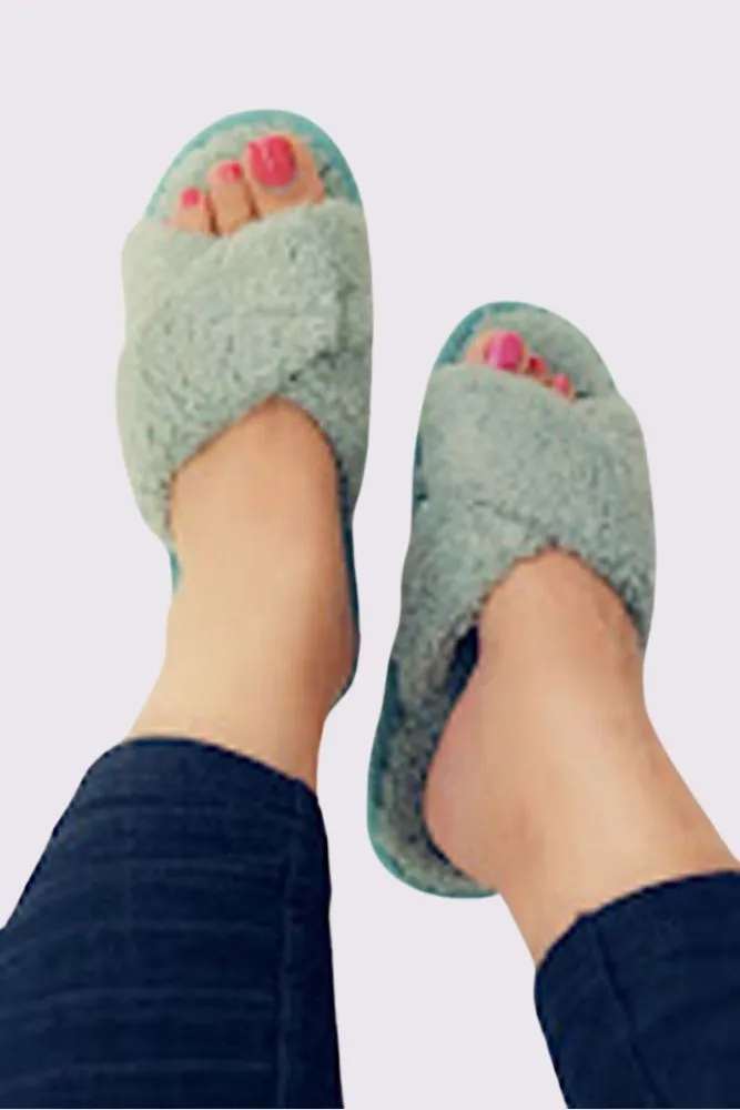 Faux Fur Open Toe Cross Strap Slipper