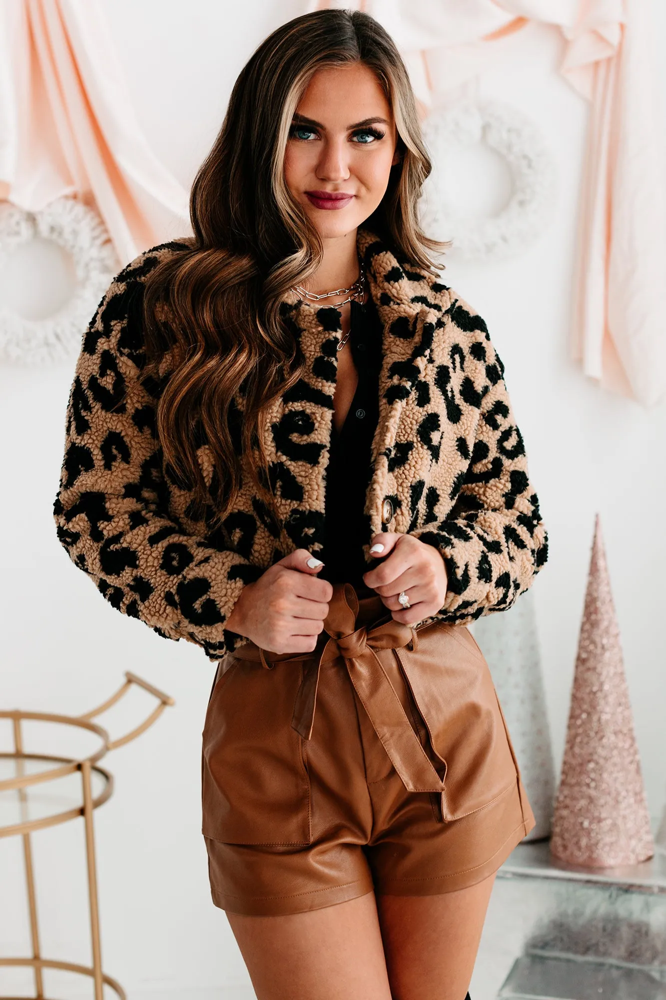 Fiercely Fabulous Leopard Print Cropped Sherpa Jacket (Taupe)