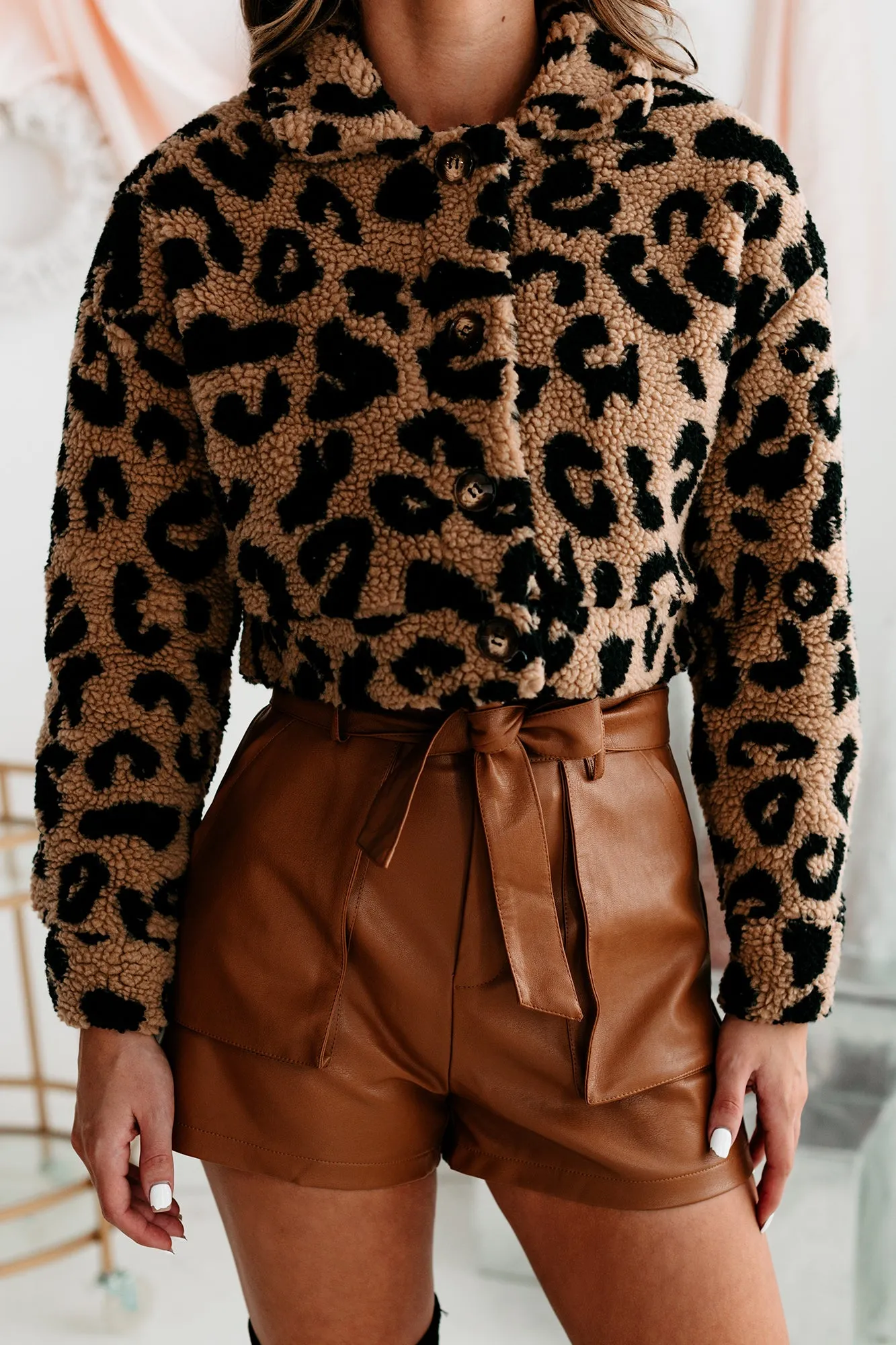 Fiercely Fabulous Leopard Print Cropped Sherpa Jacket (Taupe)