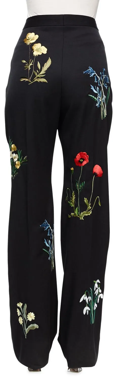 Floral-Embroidered High-Waist Dress Pants in Black