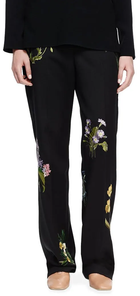 Floral-Embroidered High-Waist Dress Pants in Black