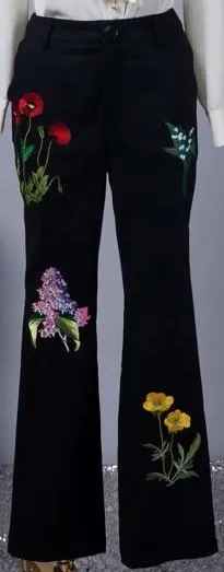 Floral-Embroidered High-Waist Dress Pants in Black