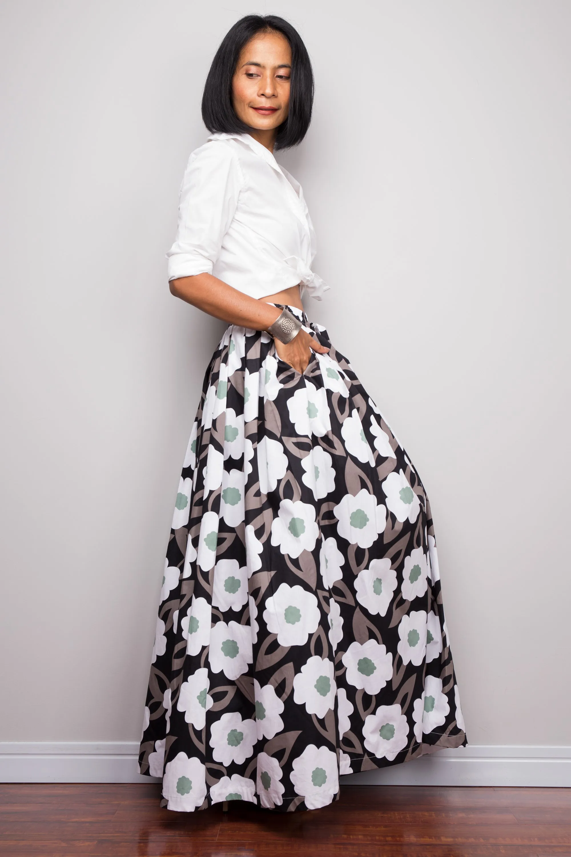 Floral skirt,  Pleated maxi skirt, cotton summer skirt