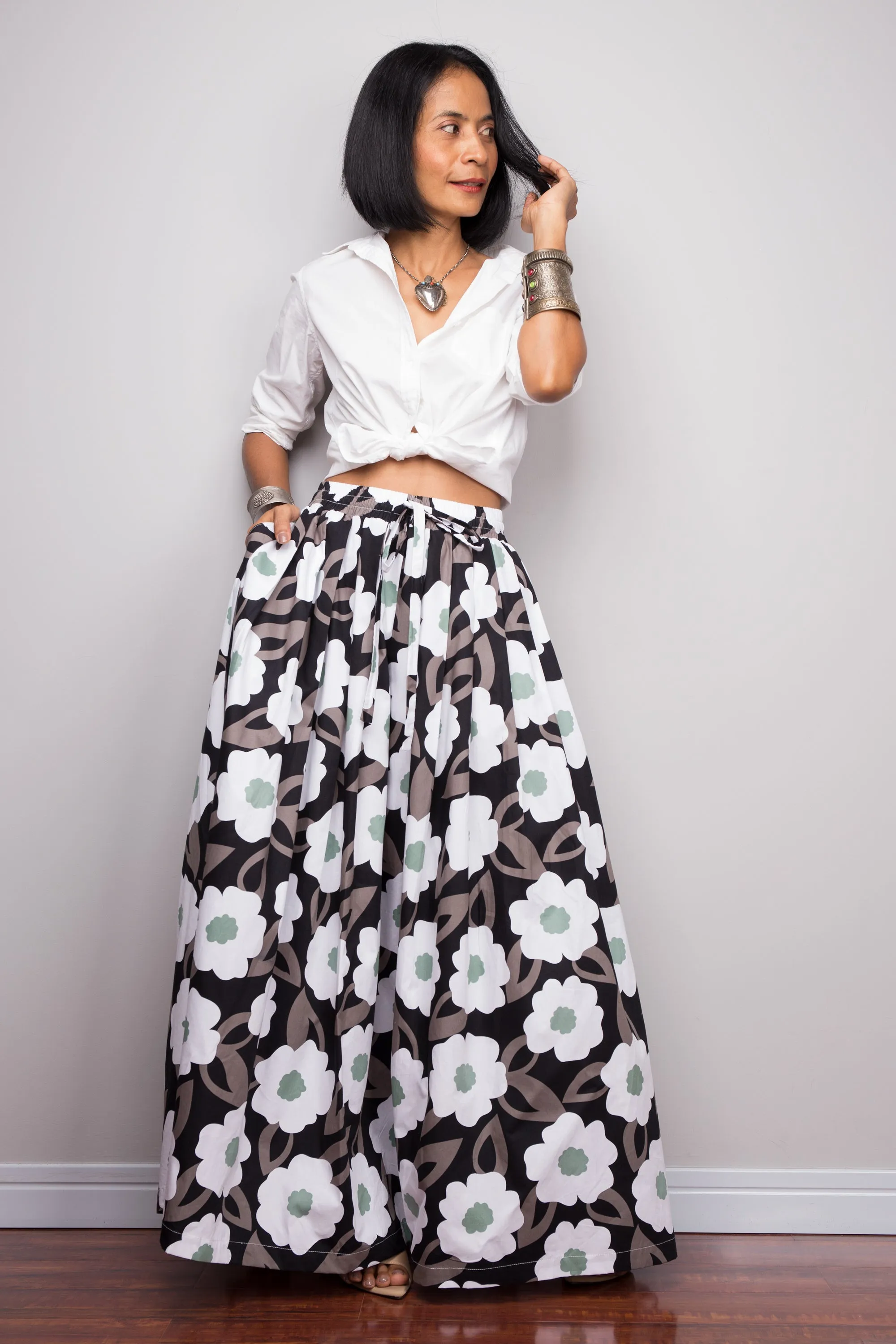 Floral skirt,  Pleated maxi skirt, cotton summer skirt