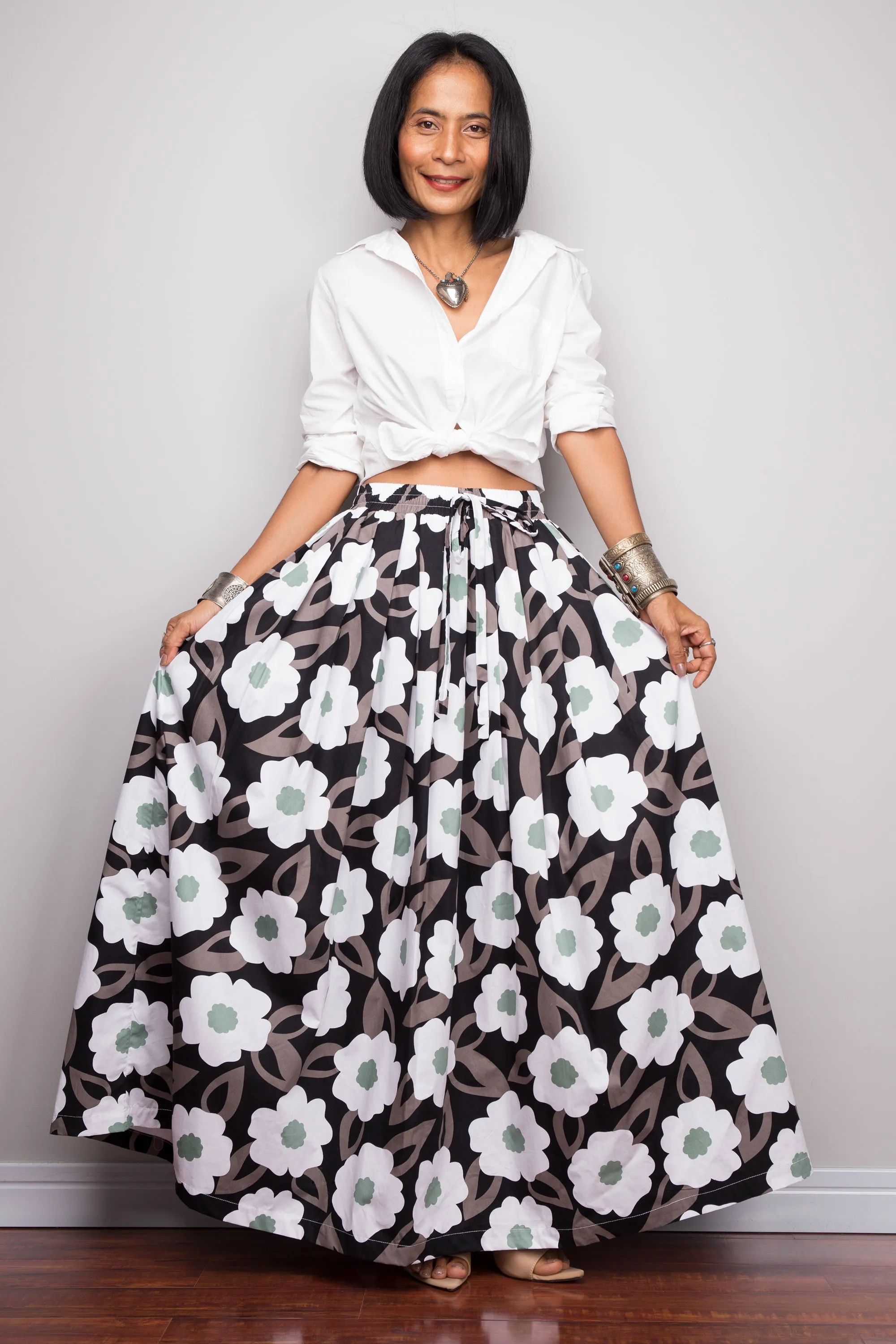 Floral skirt,  Pleated maxi skirt, cotton summer skirt