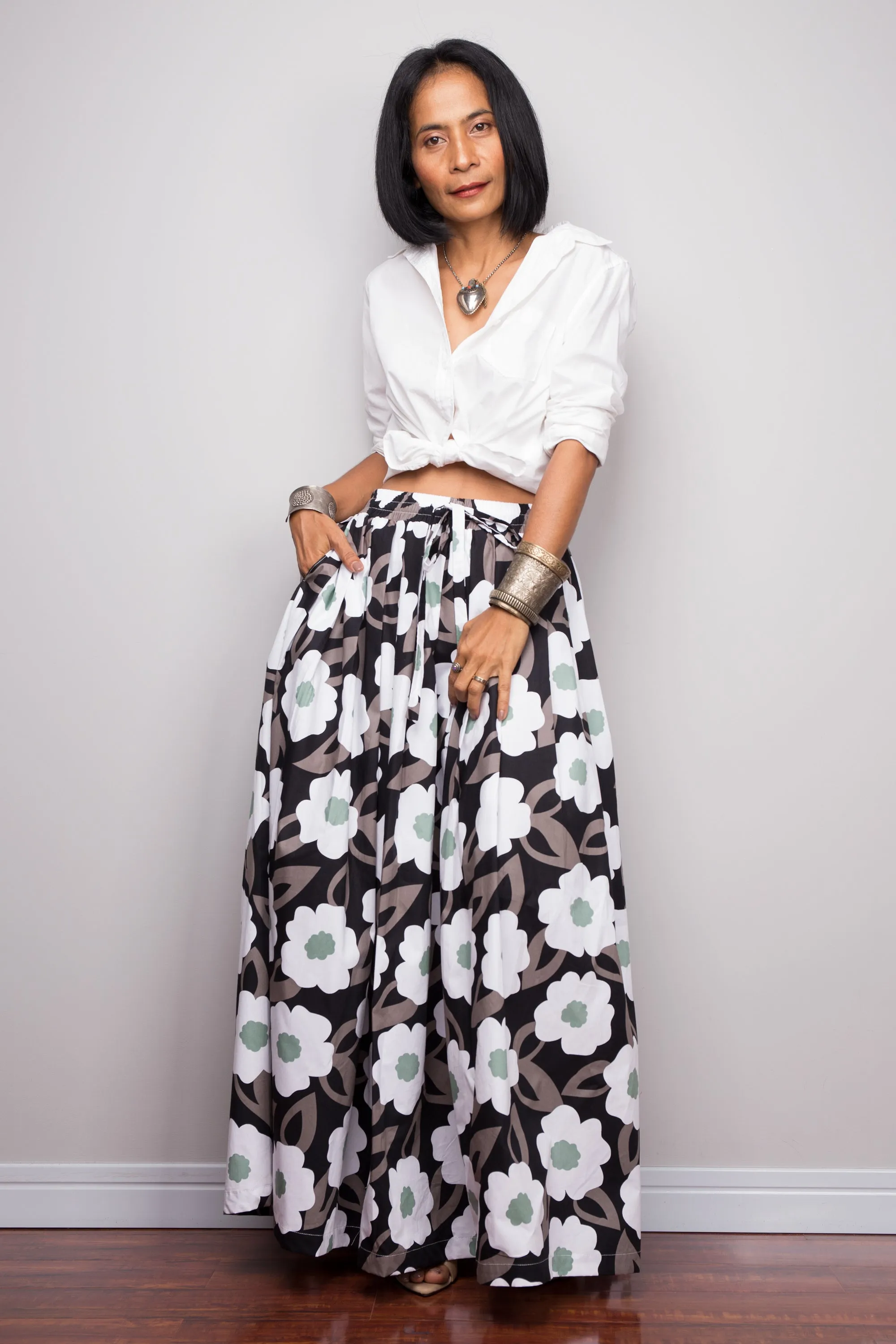 Floral skirt,  Pleated maxi skirt, cotton summer skirt