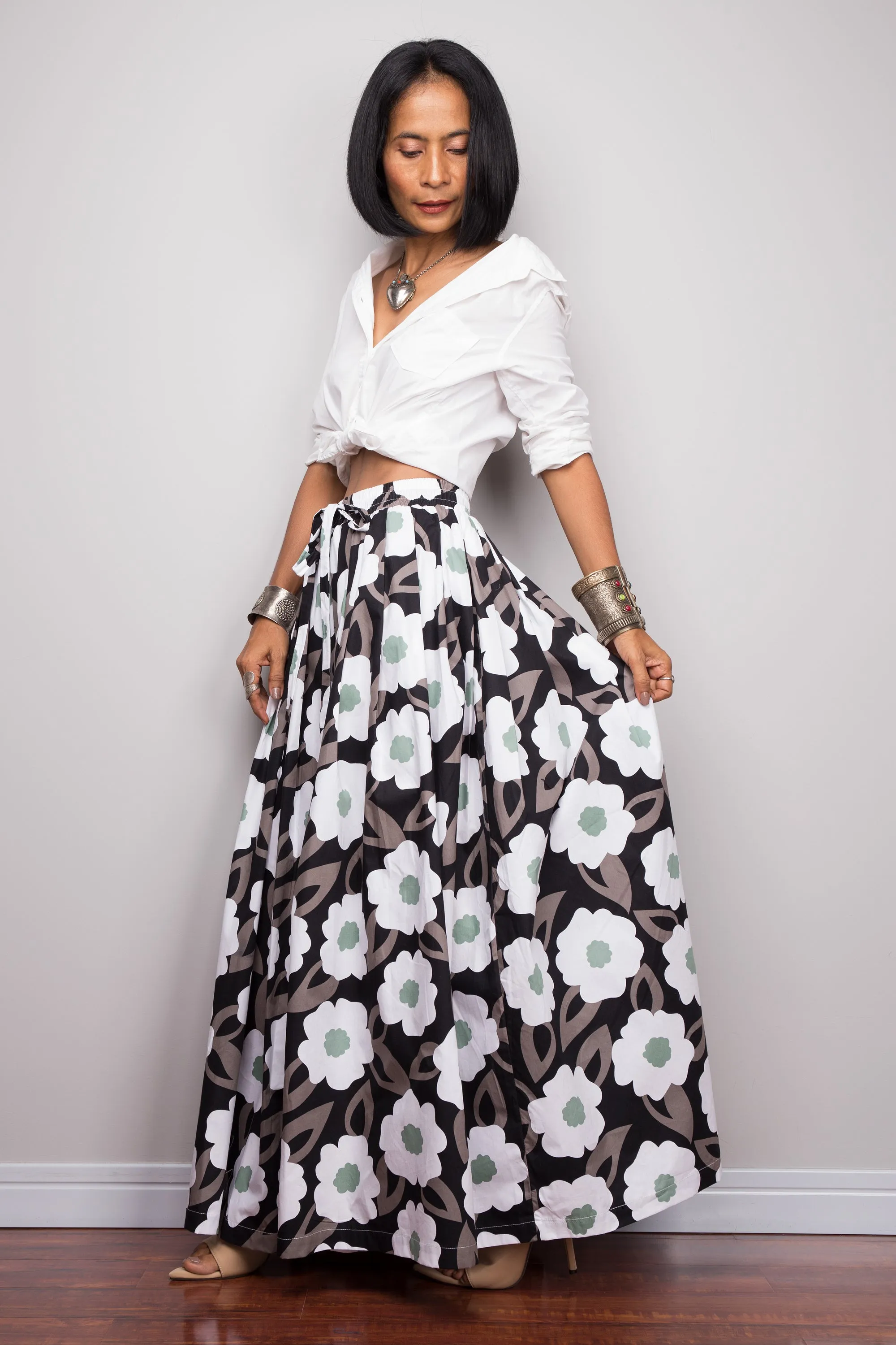 Floral skirt,  Pleated maxi skirt, cotton summer skirt