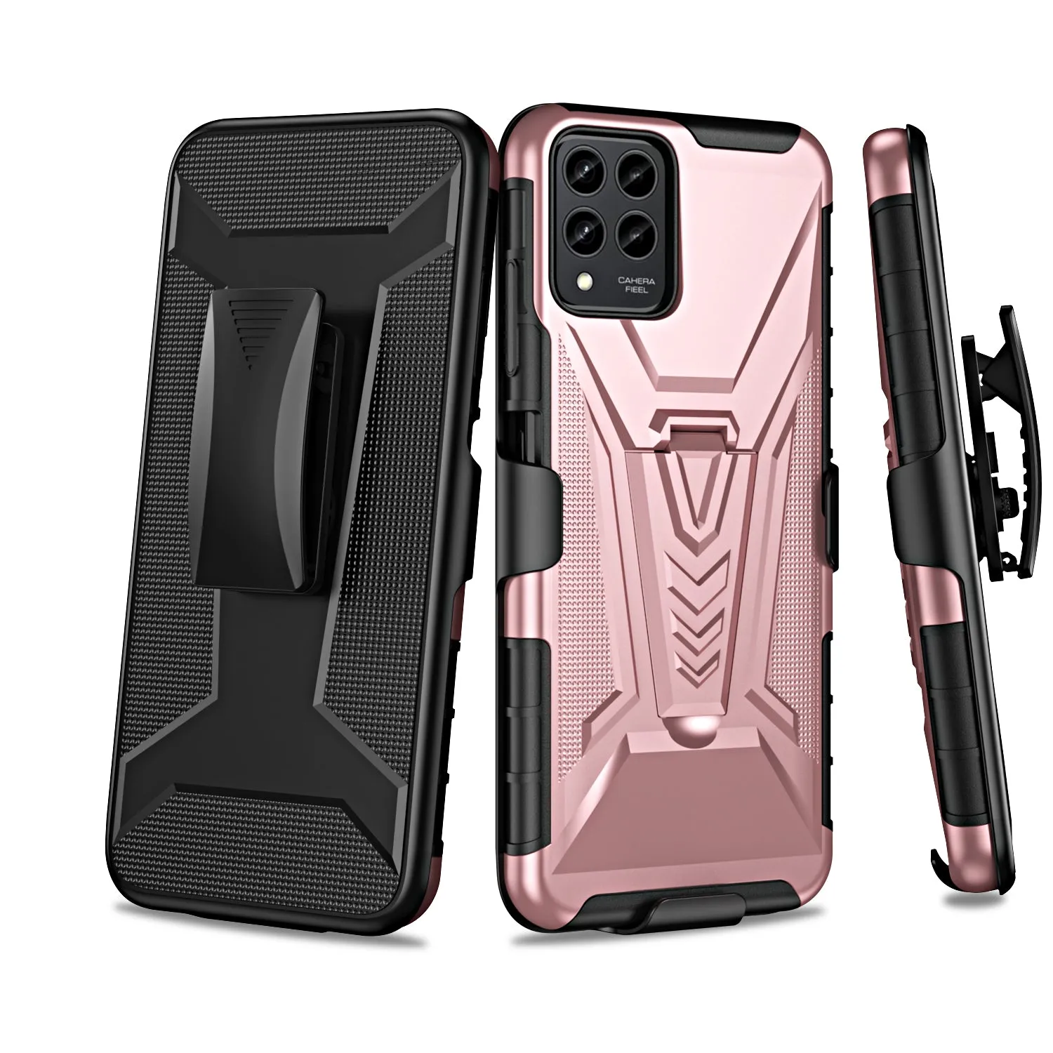 For T-Mobile REVVL 6 Pro 5G Case with Tempered Glass Screen Protector Heavy Duty Protective Phone Case,Built-in Kickstand Rugged Shockproof Protective Phone Case - Rose Gold