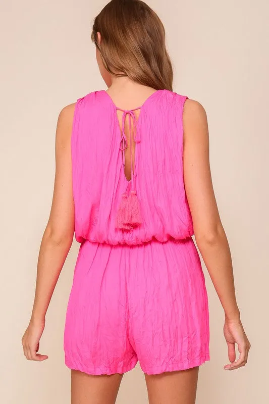 Fuchsia Crinkled Fabric Sleeveless Romper