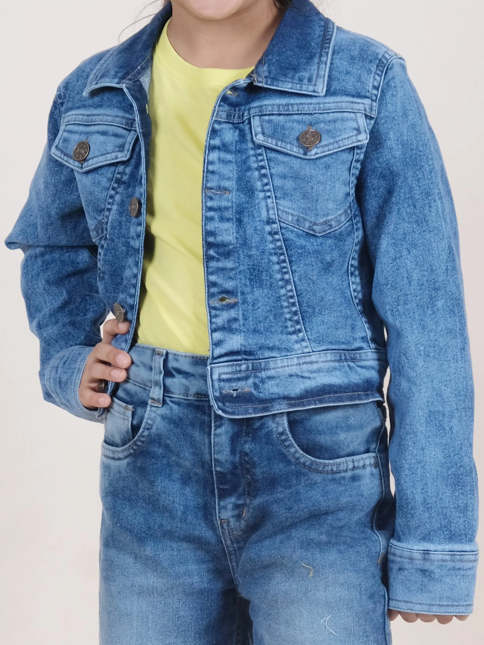 Girls Full Sleeve Solid Crop Denim Jacket