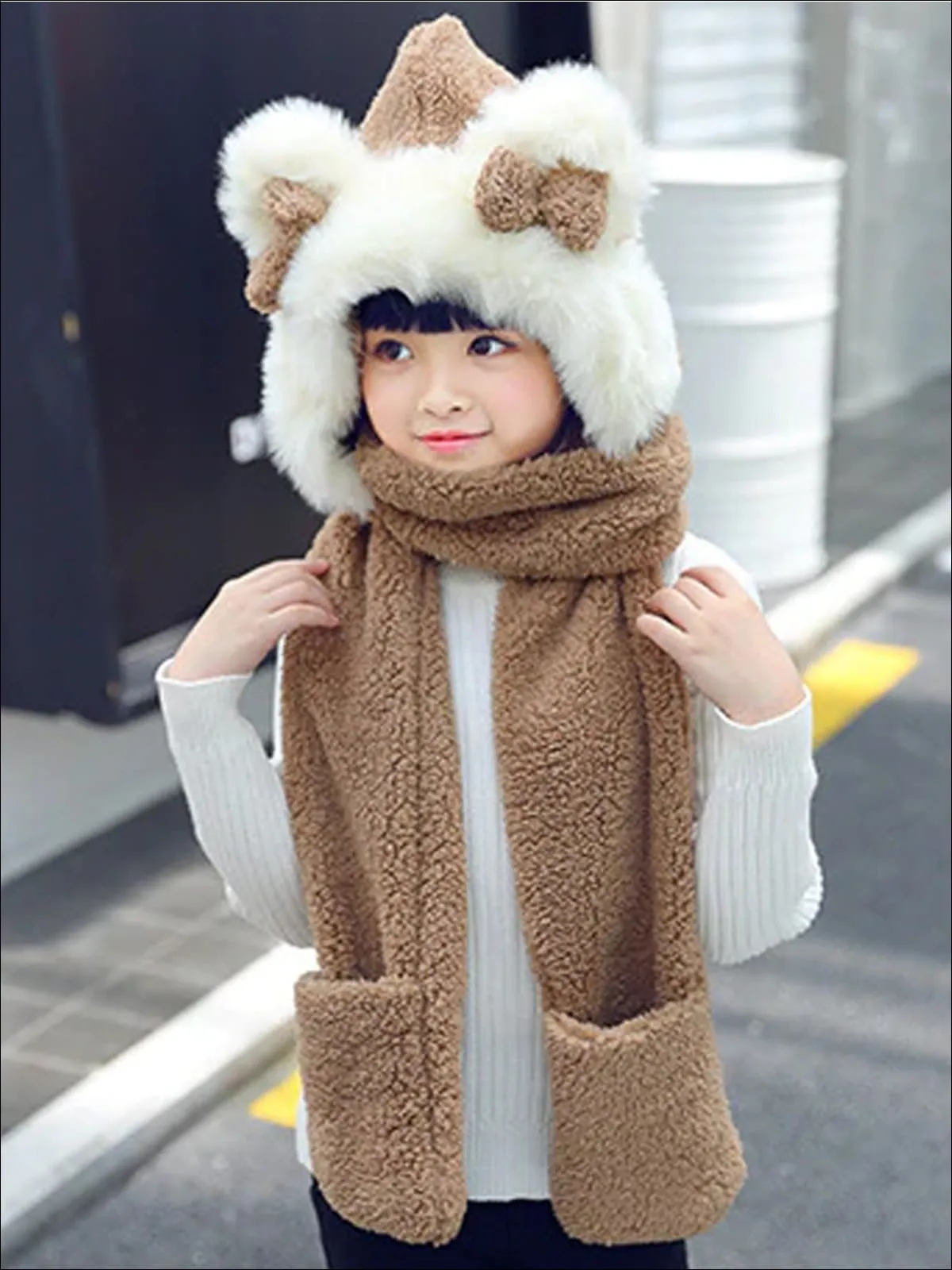 Girls Soft Plush Bear Ear Winter Hat with Neck Scarf