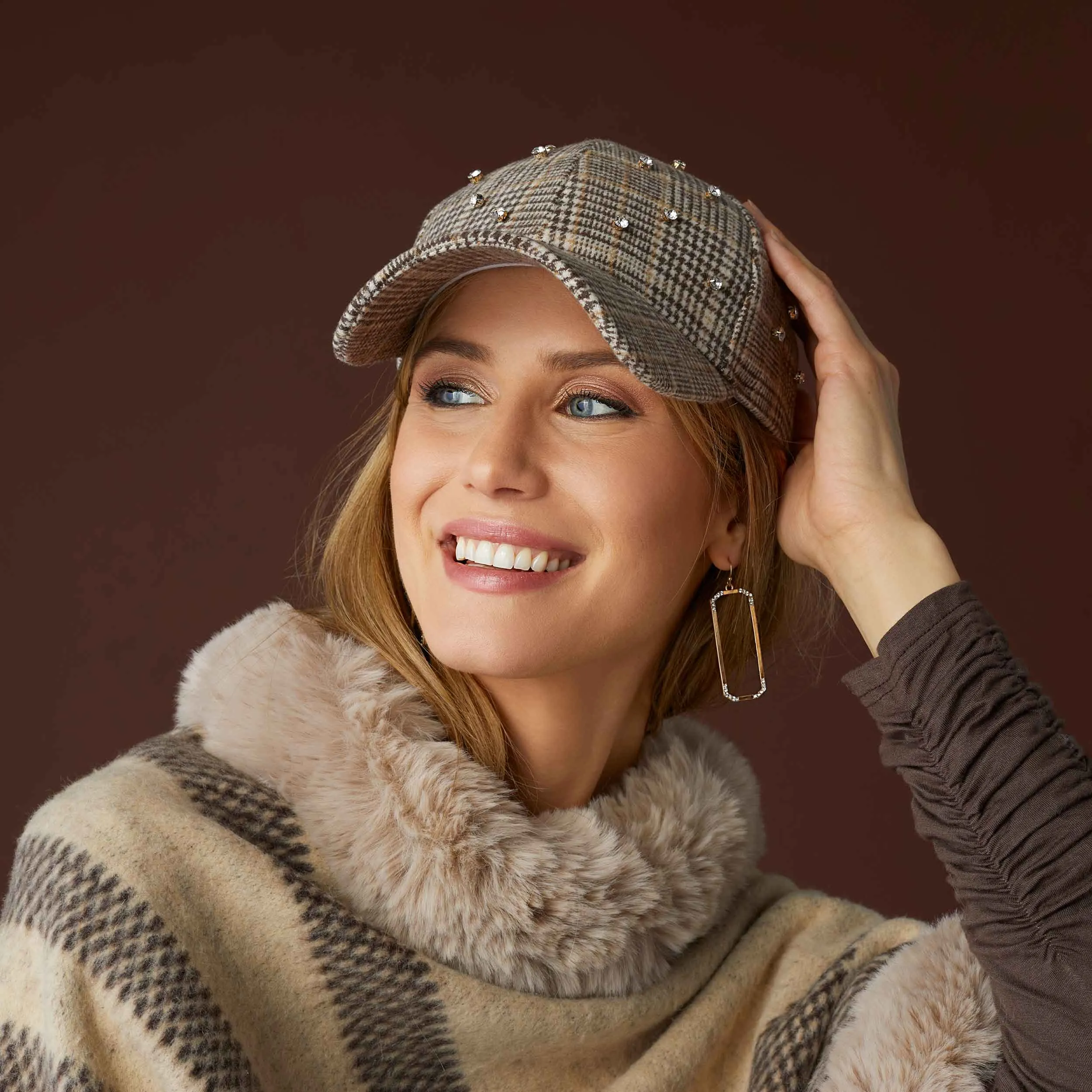 Glitzy Plaid Baseball Hat - Brown