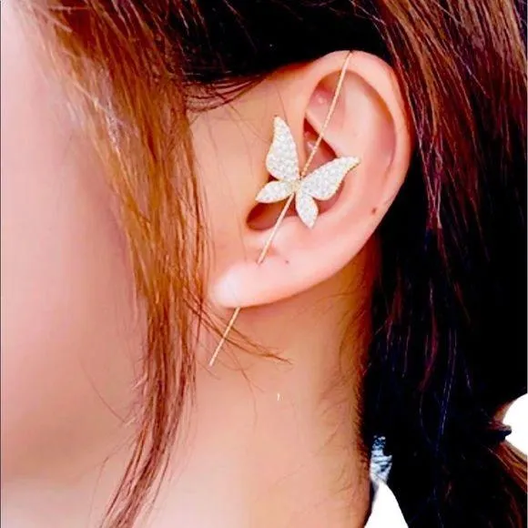 Gold Butterfly Ear Wrap Hook Crawler Cuff Earrings