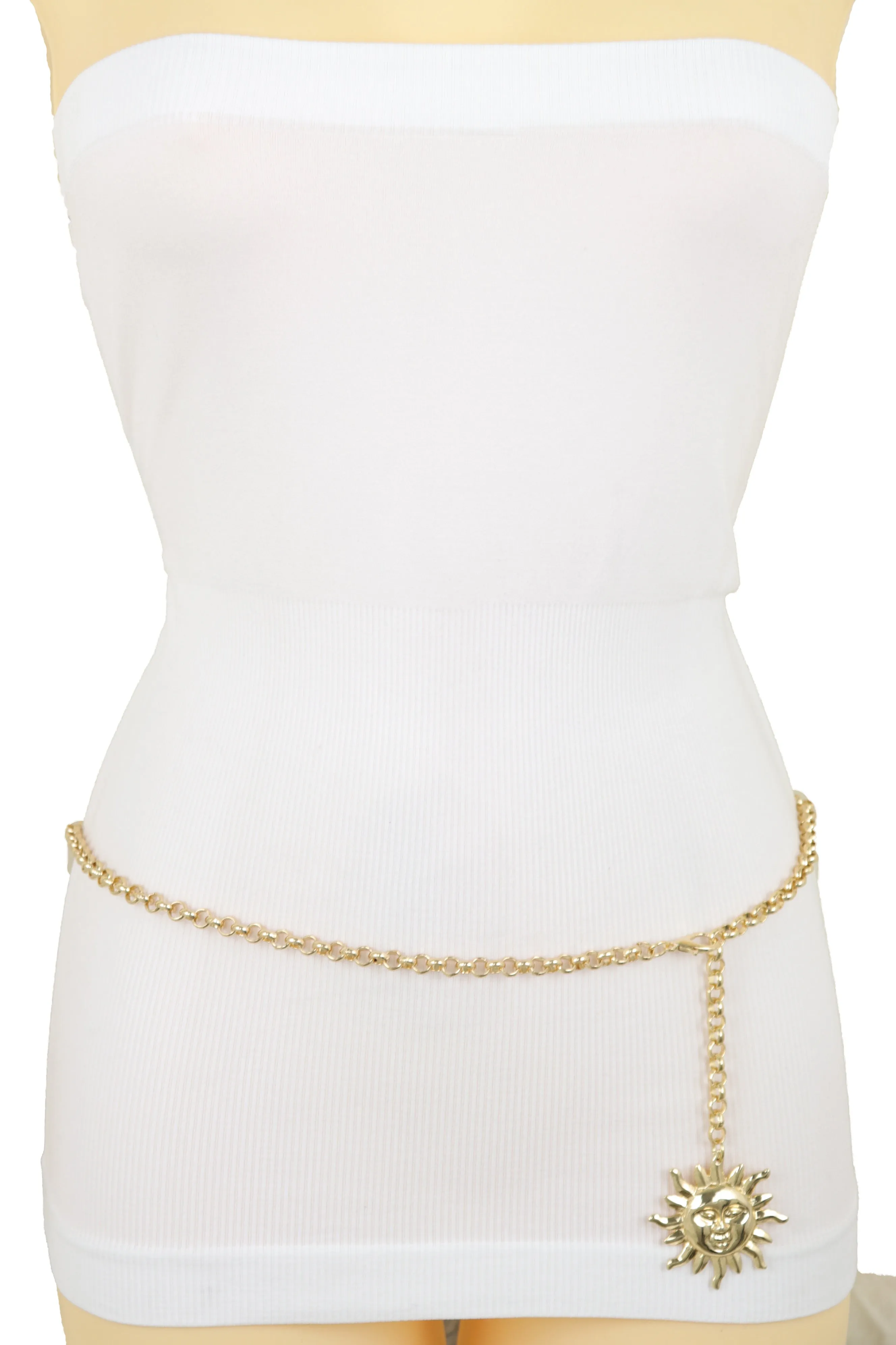 Gold Metal Chain Narrow Waistband Fashion Belt Sun Charm Plus Size XL XXL